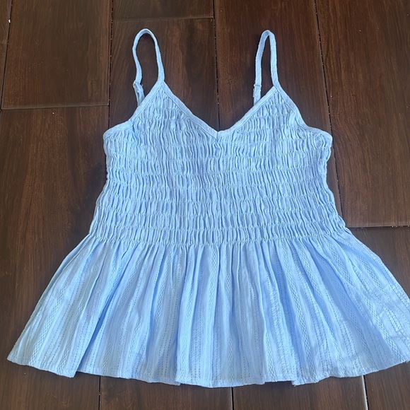Tops - Solid Shirred Ruffle Hem Cami Top blue Large New